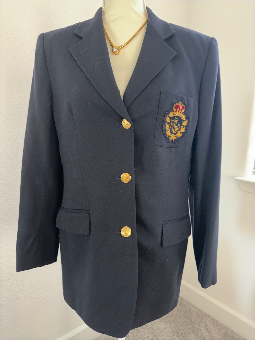Vintage Ralph Lauren Navy Embroidered Crest Blazer Jacket - Women 12